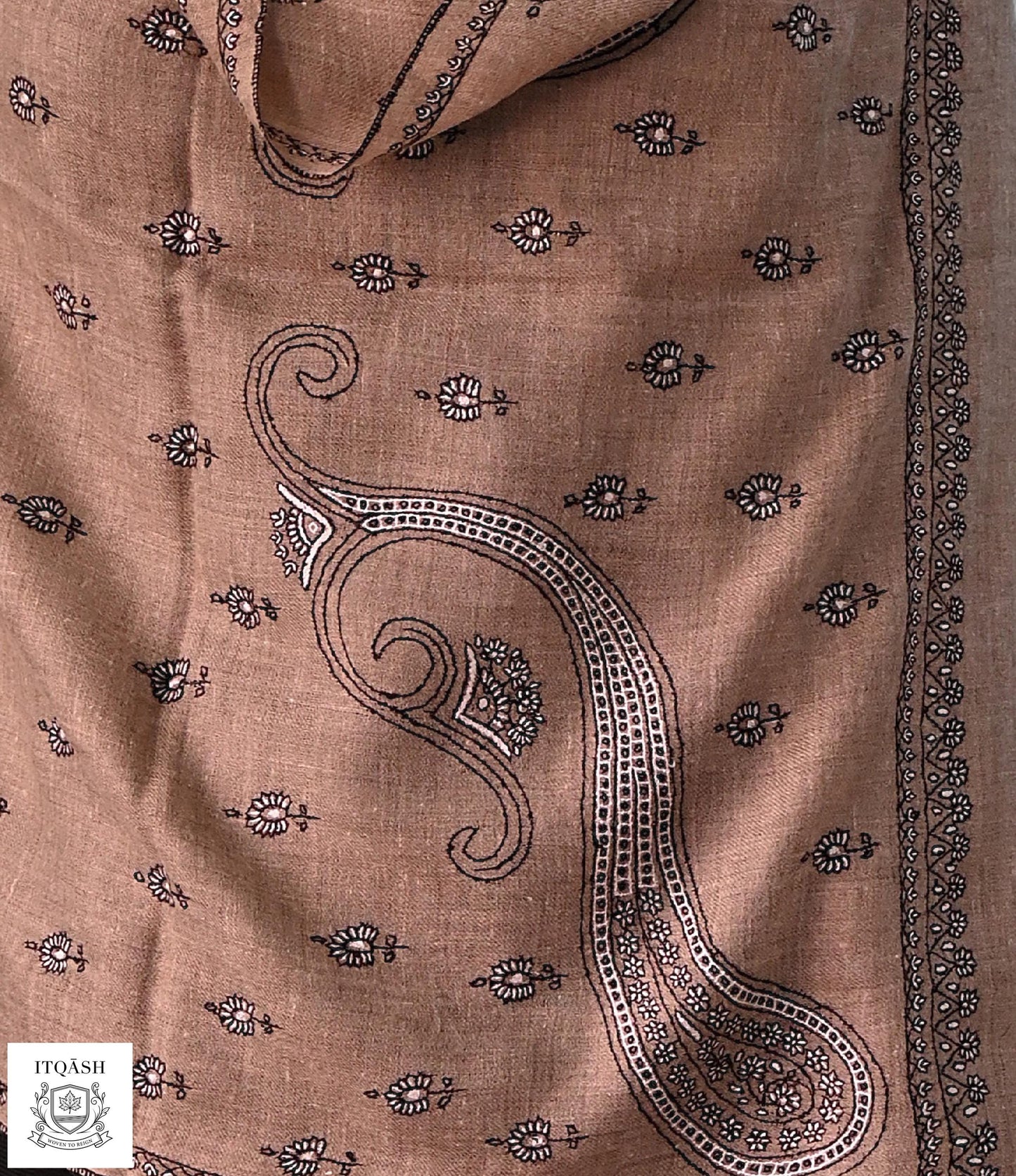 Sozni Bootidaar Stole · Cocoa Brown — detail | Pure Kashmiri Pashmina | ITQĀSH