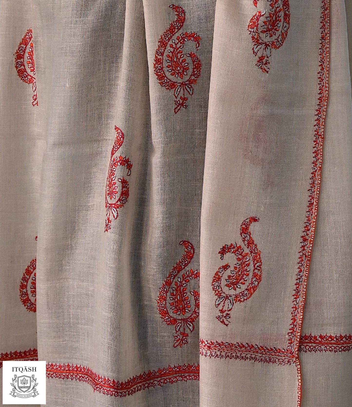 Sozni Bootidaar Stole · Light Grey — detail | Pure Kashmiri Pashmina | ITQĀSH