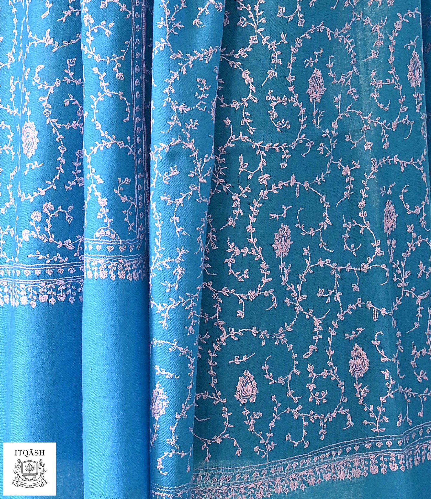Sozni Stole · Turquoise Blue — detail | Pure Kashmiri Pashmina | ITQĀSH