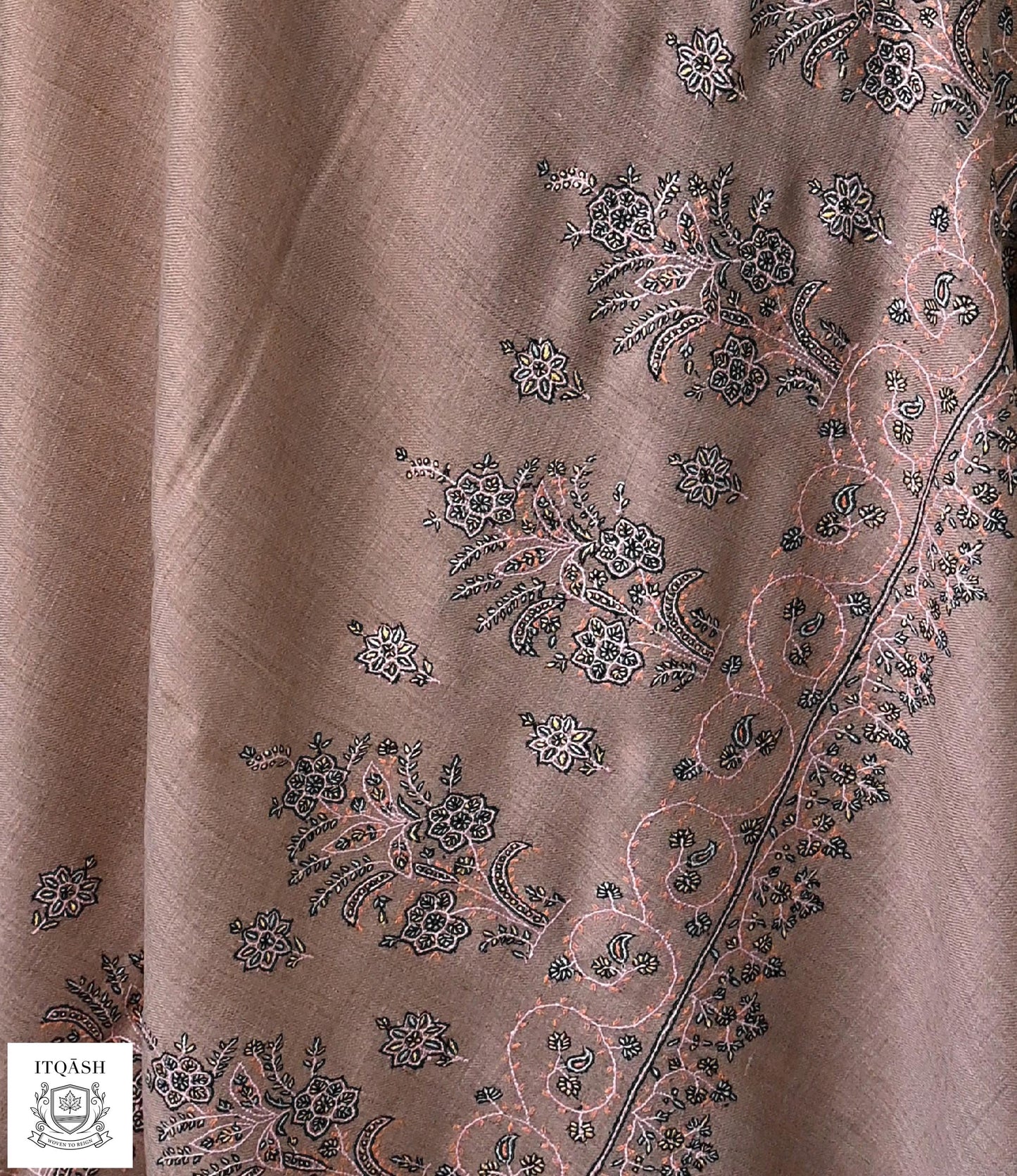 Sozni Shawl · Mocha Brown — detail | Pure Kashmiri Pashmina | ITQĀSH