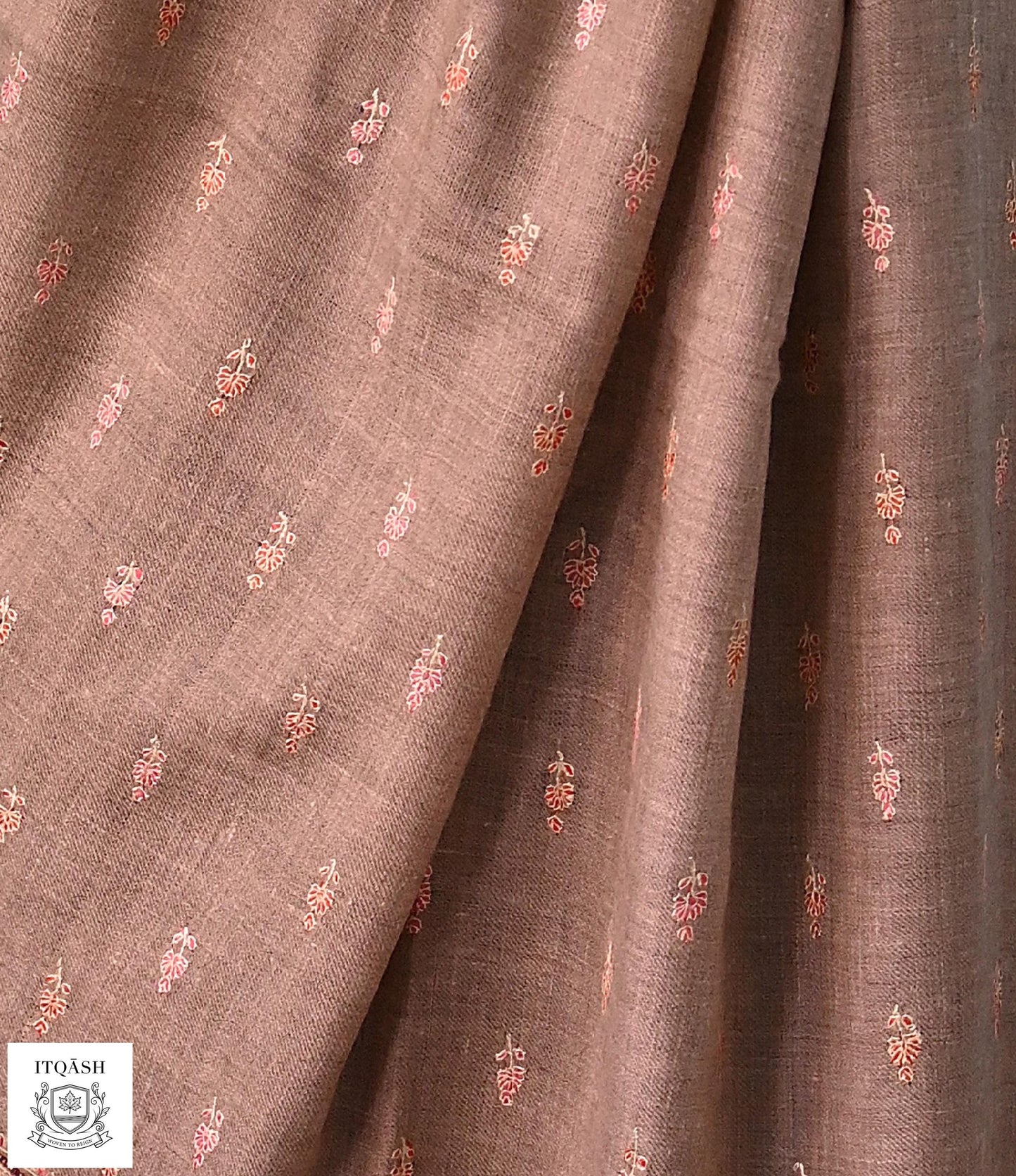 Sozni Bootidaar Stole · Muted Brown — detail | Pure Kashmiri Pashmina | ITQĀSH