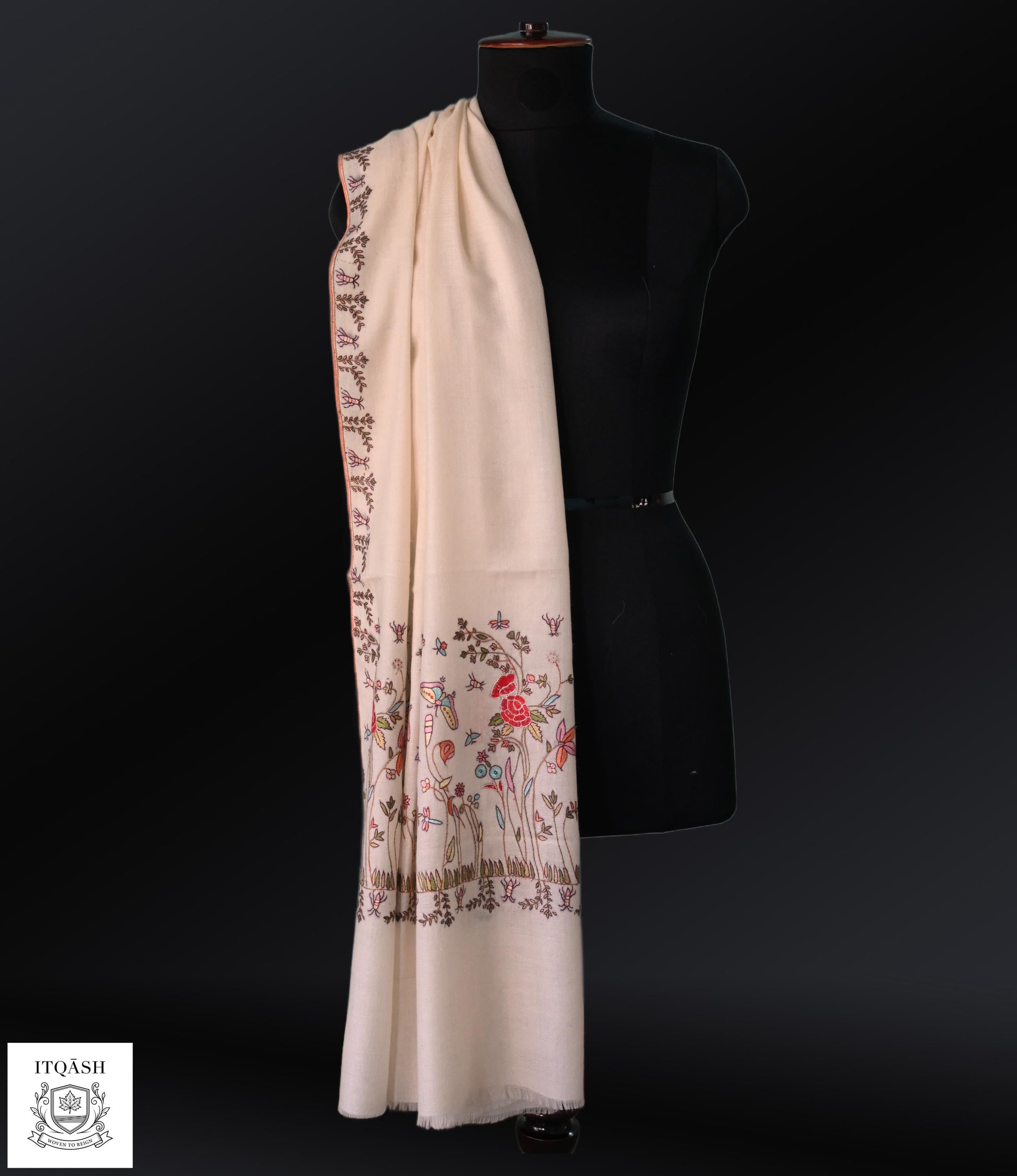 Italian-Design Sozni Shawl · Off-White — detail | Pure Kashmiri Pashmina | ITQĀSH