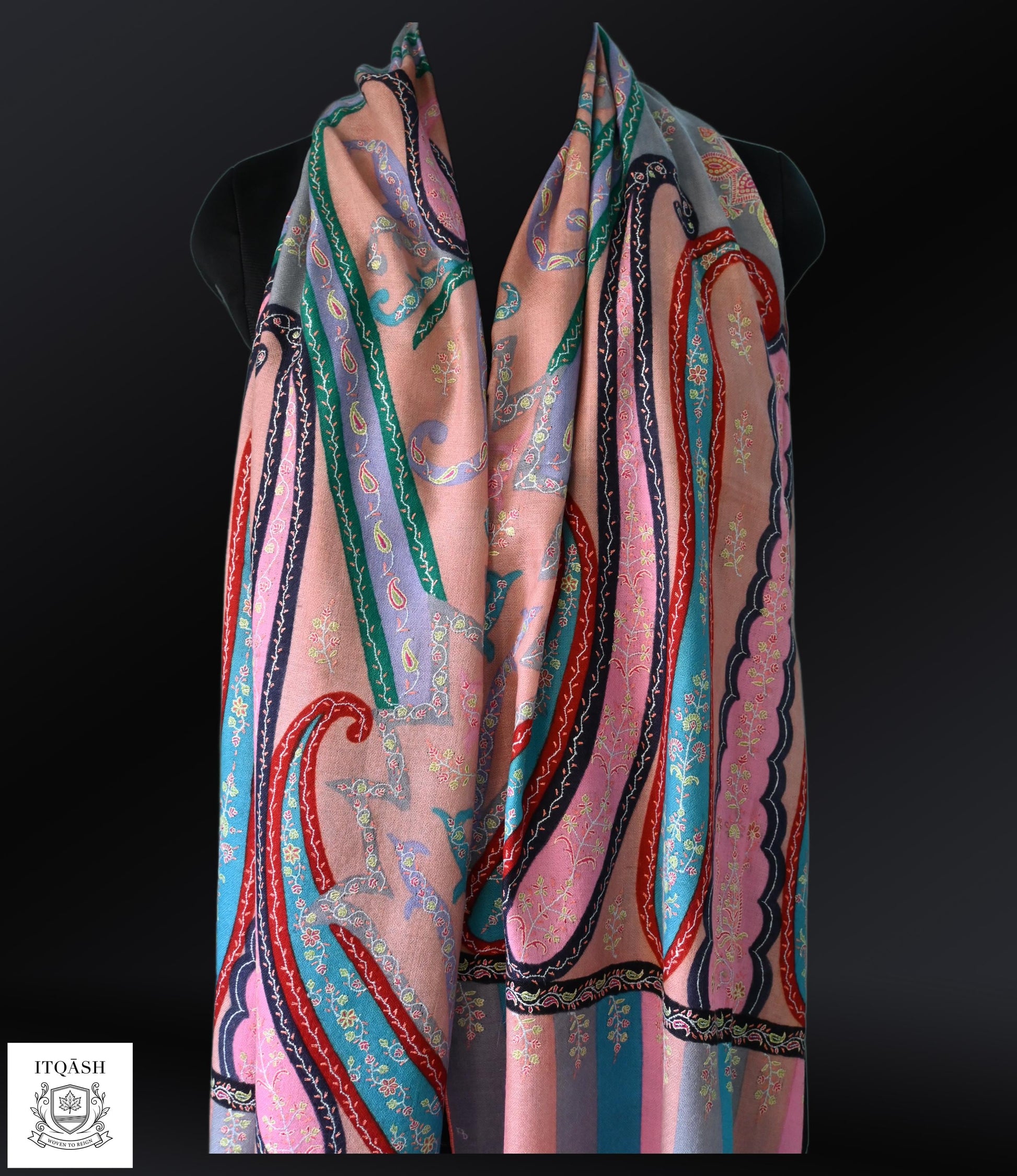 Sozni Stole · Baby Pink & Grey — detail | Pure Kashmiri Pashmina | ITQĀSH