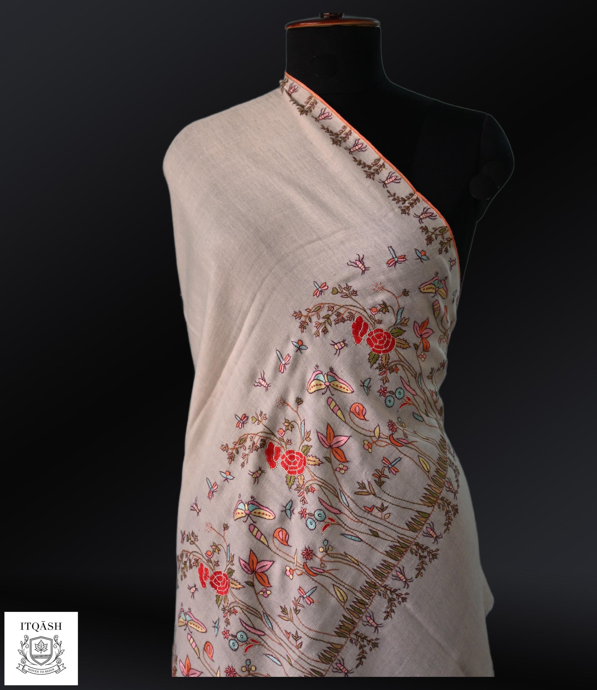 Italian-Design Sozni Shawl · Off-White — detail | Pure Kashmiri Pashmina | ITQĀSH