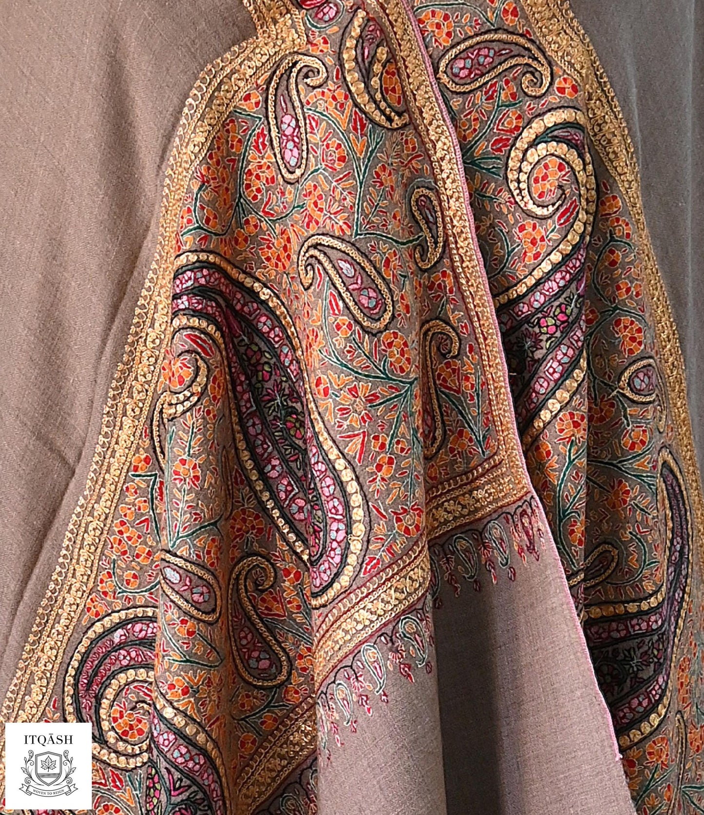 Sozni Palla Shawl with Tilla · Taupe-Grey — detail | Pure Kashmiri Pashmina | ITQĀSH