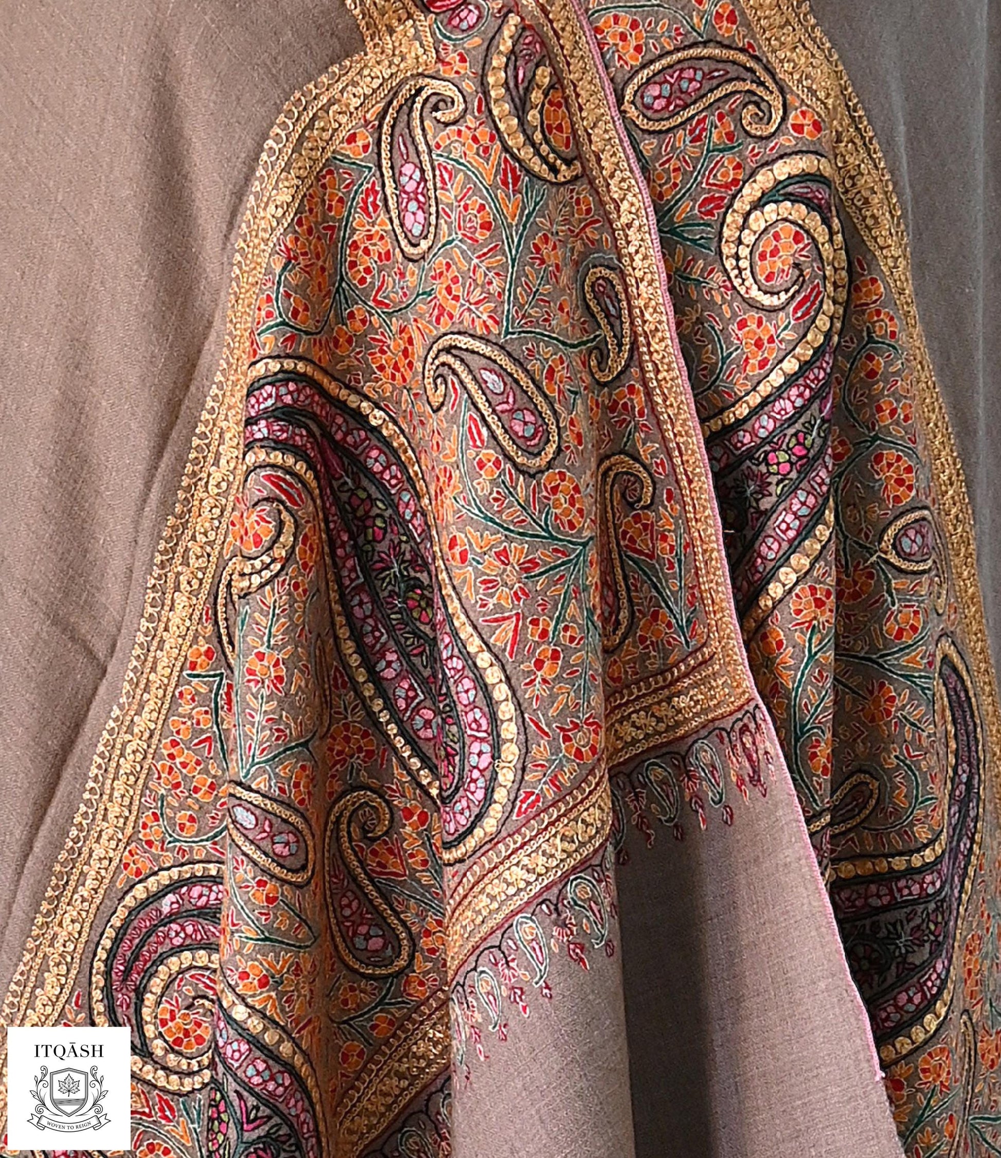 Sozni Palla Shawl with Tilla · Taupe-Grey — detail | Pure Kashmiri Pashmina | ITQĀSH