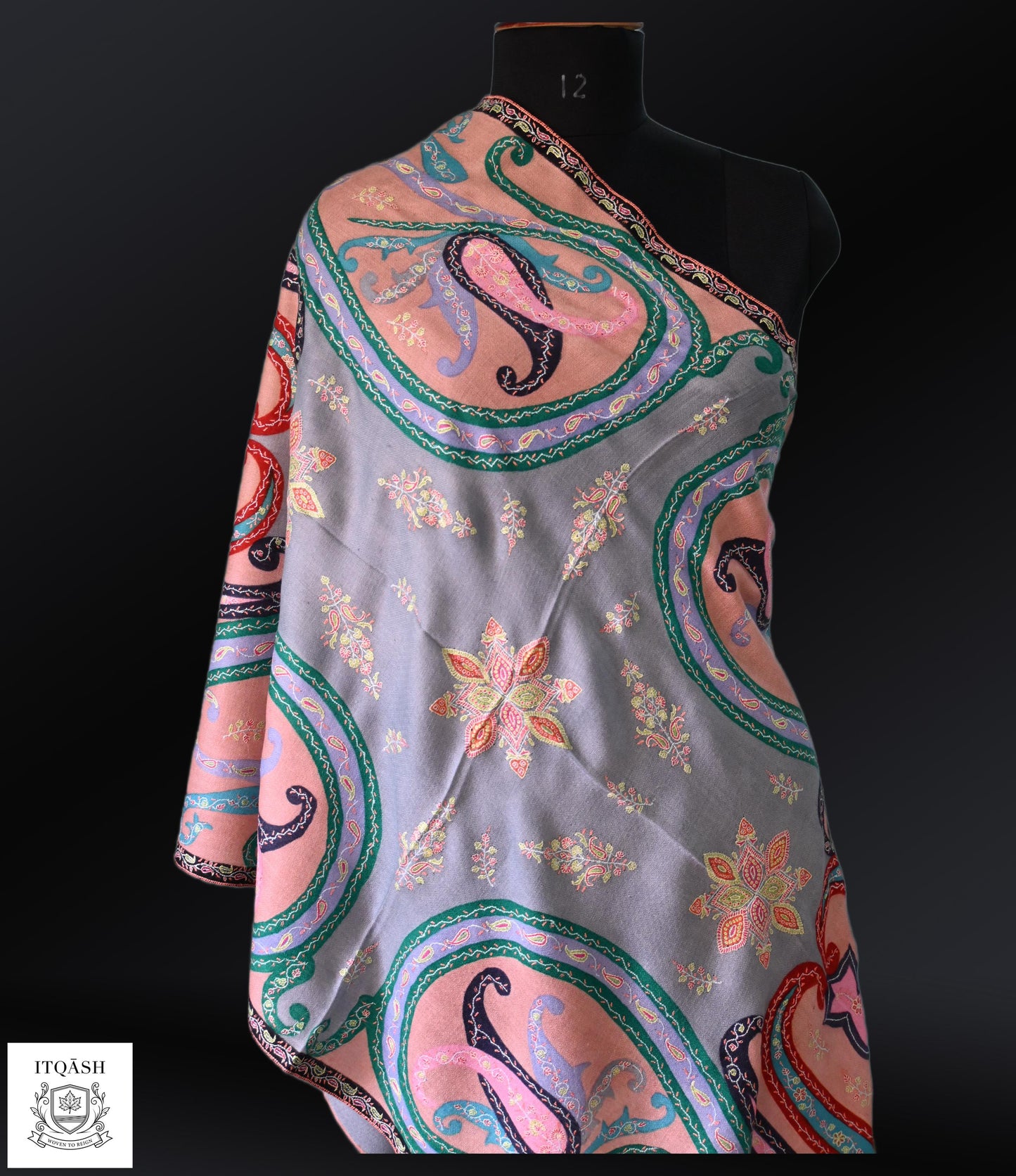 Sozni Stole · Baby Pink & Grey — detail | Pure Kashmiri Pashmina | ITQĀSH