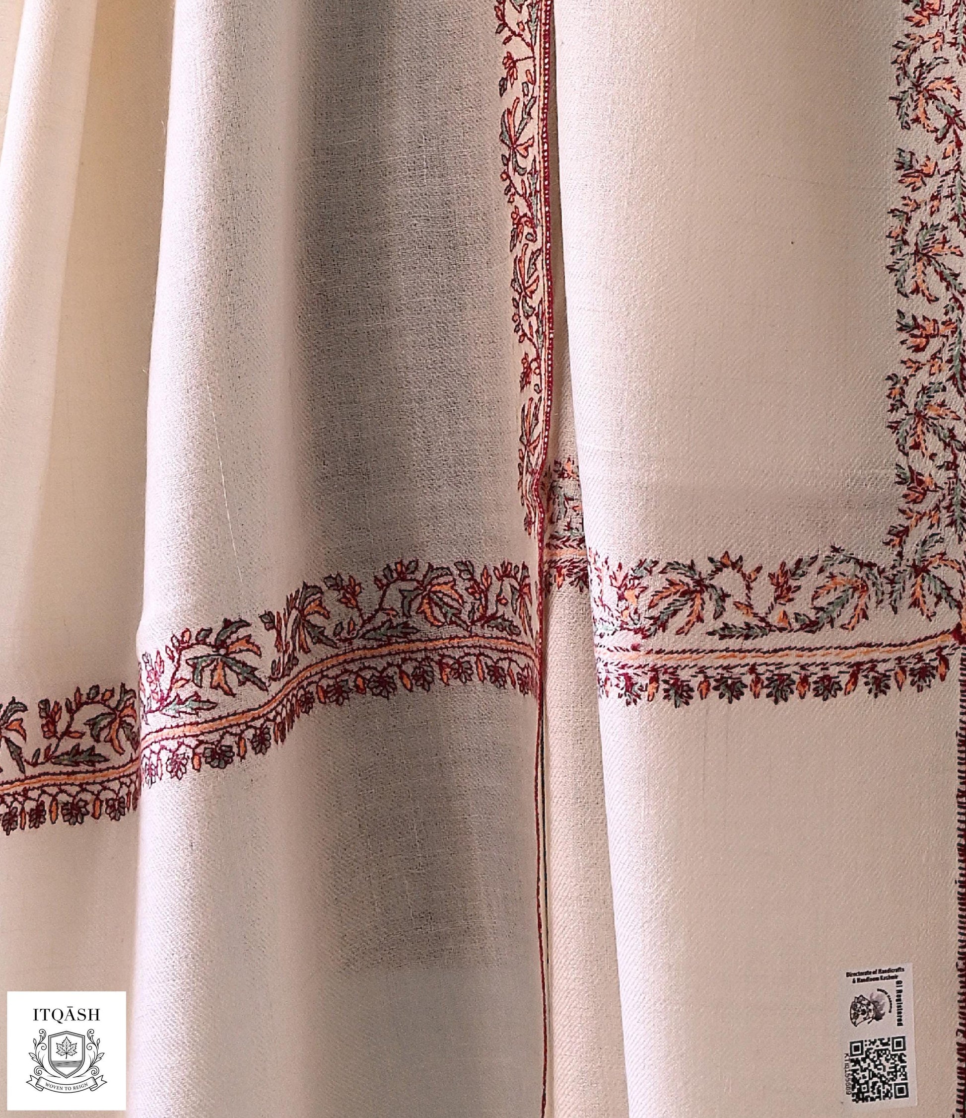 GI-Certified Hashi Stole · Off-White — detail | Pure Kashmiri Pashmina | ITQĀSH