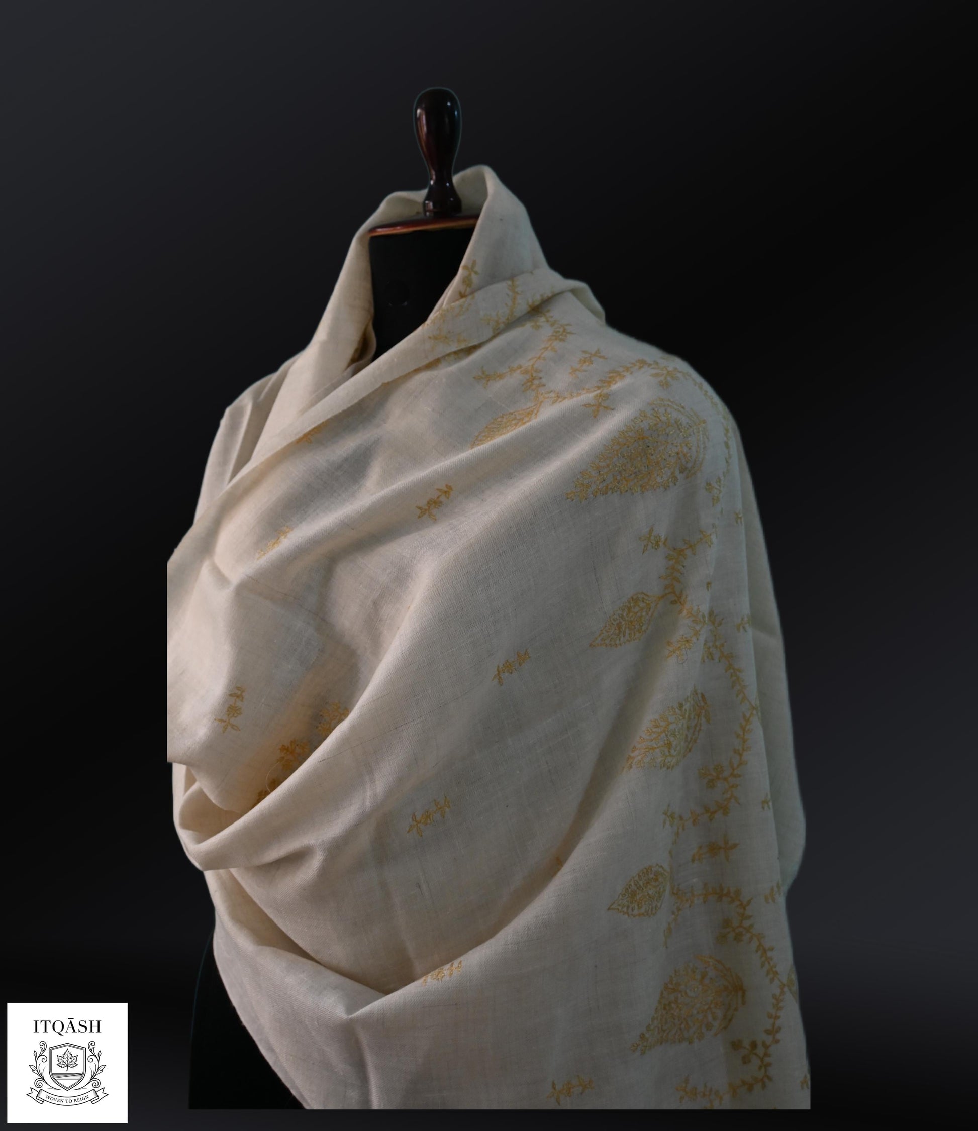 Sozni Palla Stole · Ivory — detail | Pure Kashmiri Pashmina | ITQĀSH