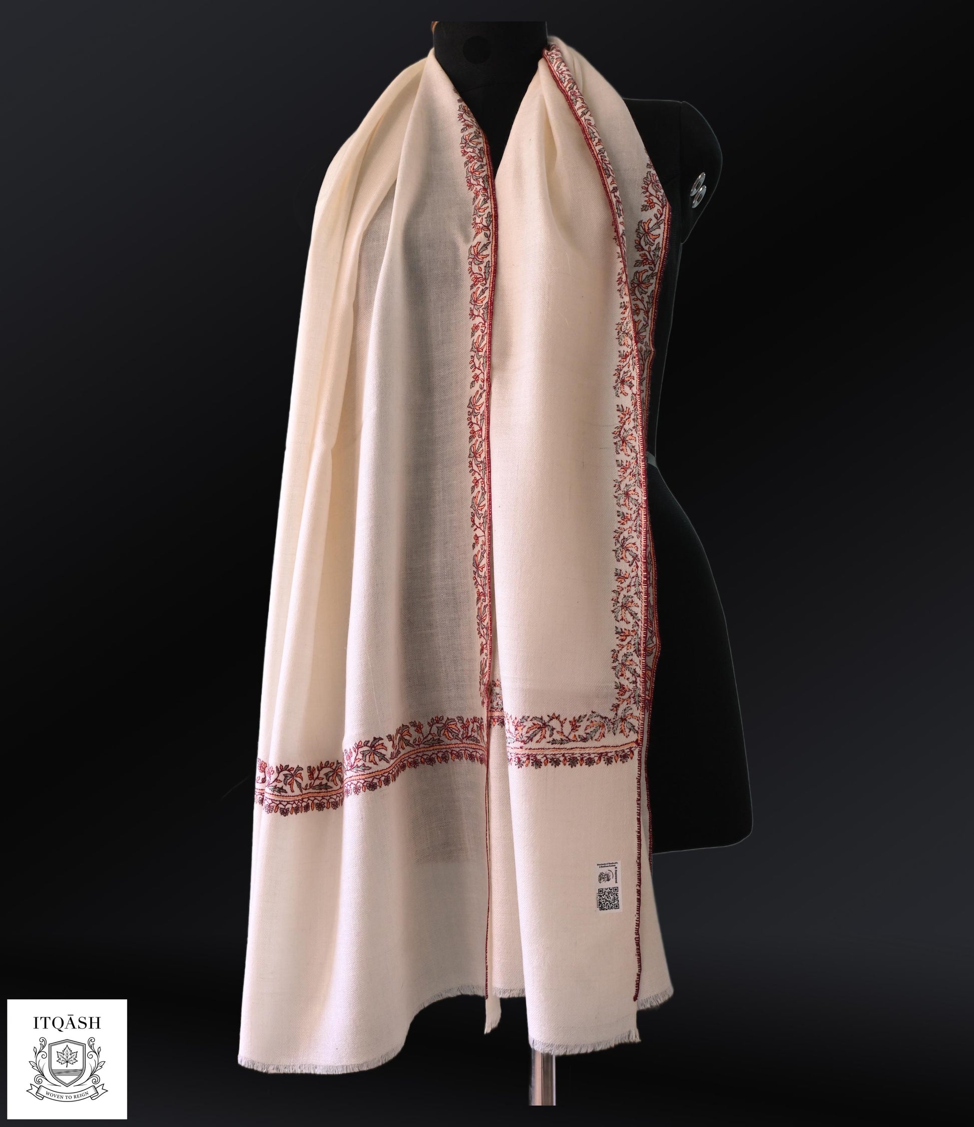 GI-Certified Hashi Stole · Off-White — detail | Pure Kashmiri Pashmina | ITQĀSH