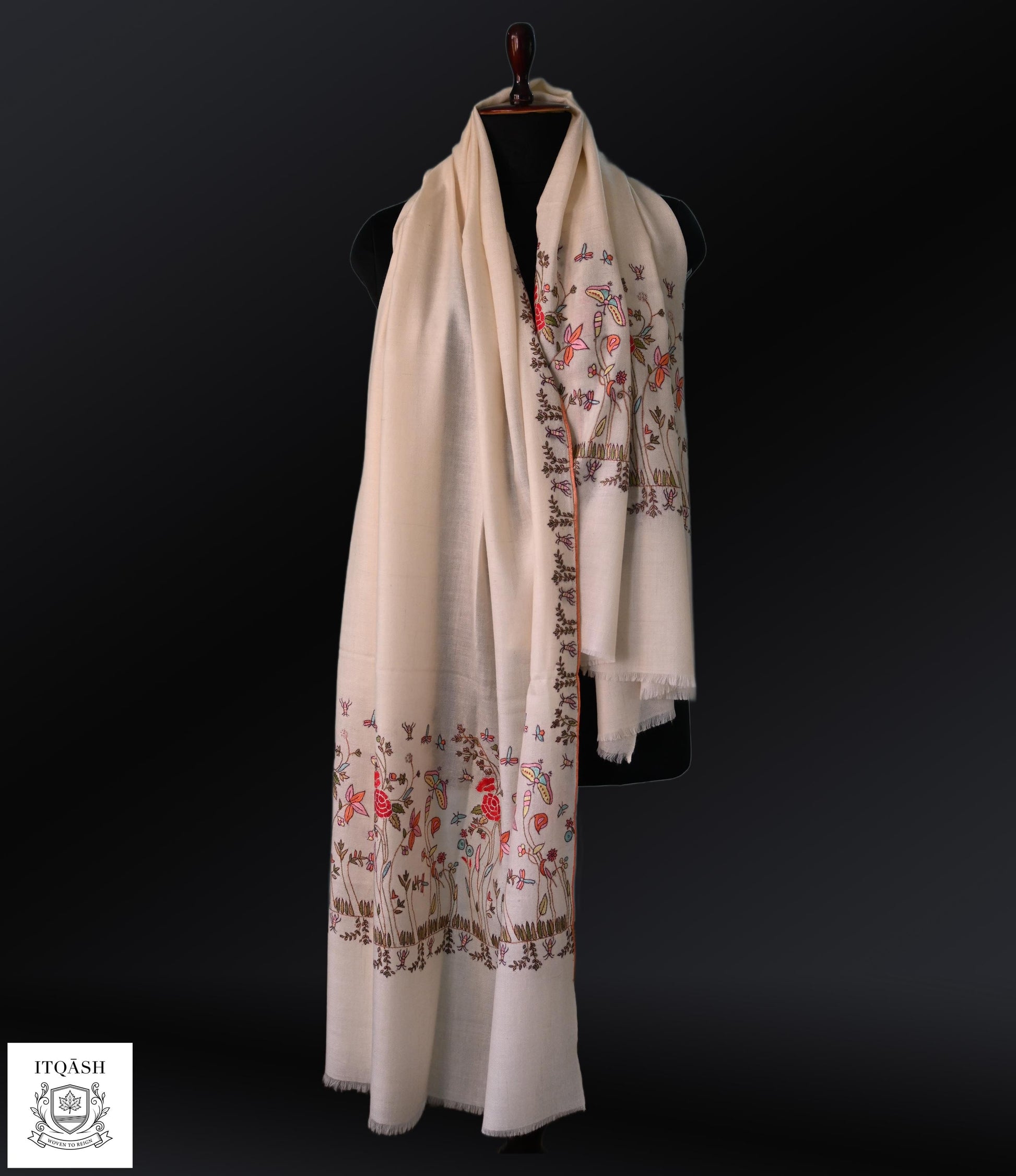 Italian-Design Sozni Shawl · Off-White — detail | Pure Kashmiri Pashmina | ITQĀSH