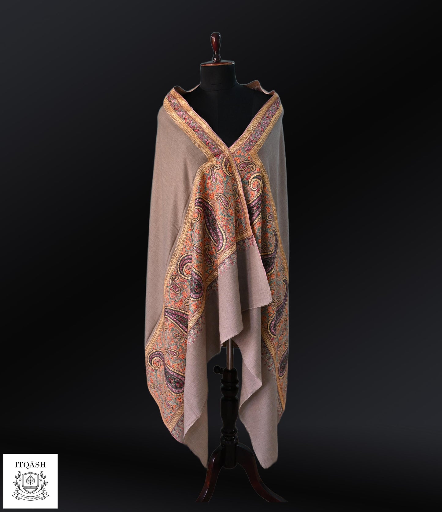 Sozni Palla Shawl with Tilla · Taupe-Grey | Pure Kashmiri Pashmina | ITQĀSH