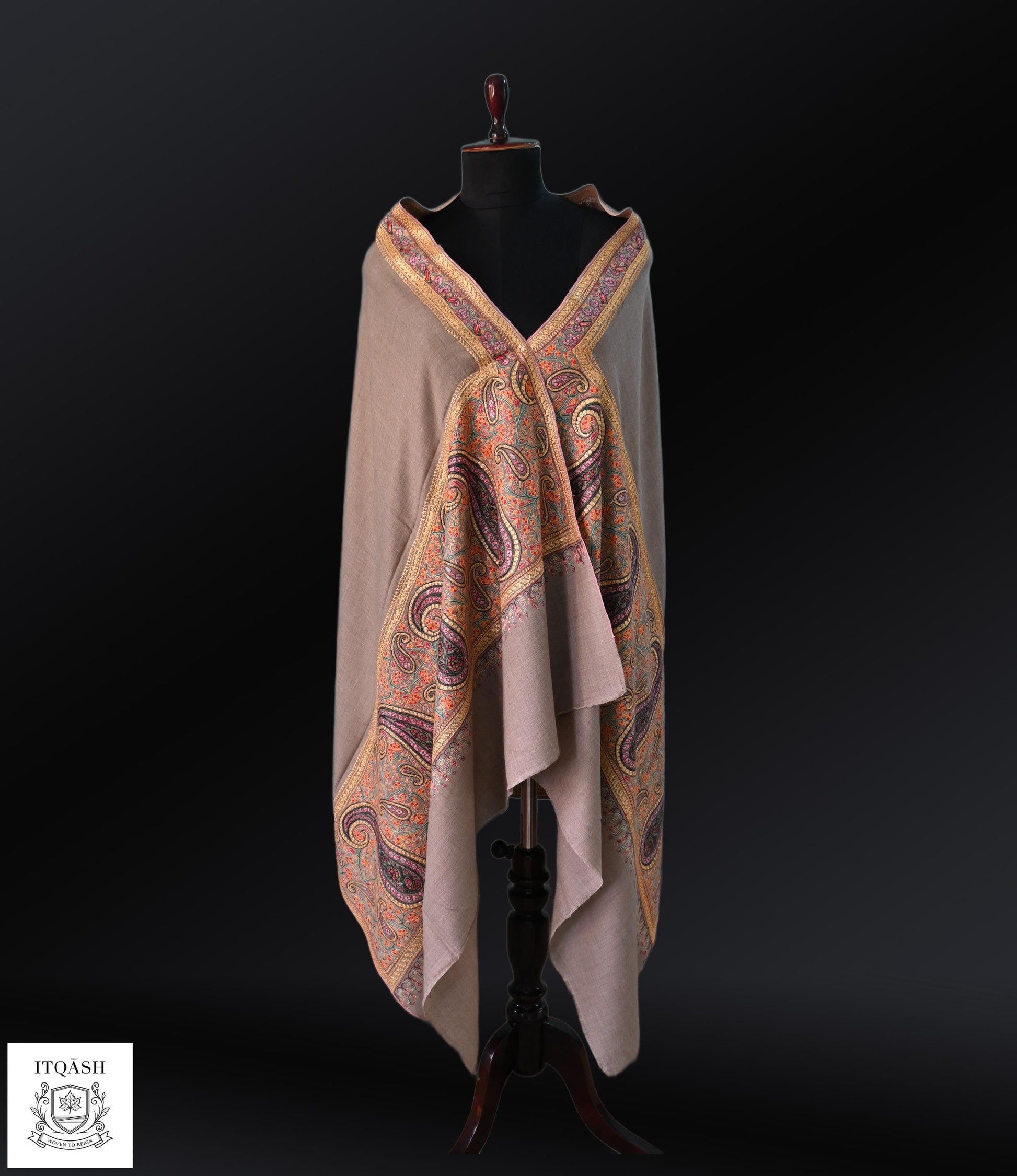 Sozni Palla Shawl with Tilla · Taupe-Grey | Pure Kashmiri Pashmina | ITQĀSH