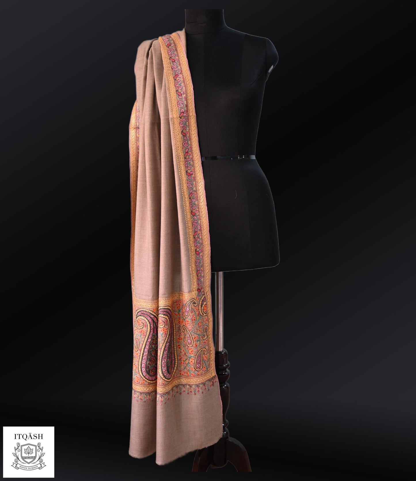 Sozni Palla Shawl with Tilla · Taupe-Grey — detail | Pure Kashmiri Pashmina | ITQĀSH