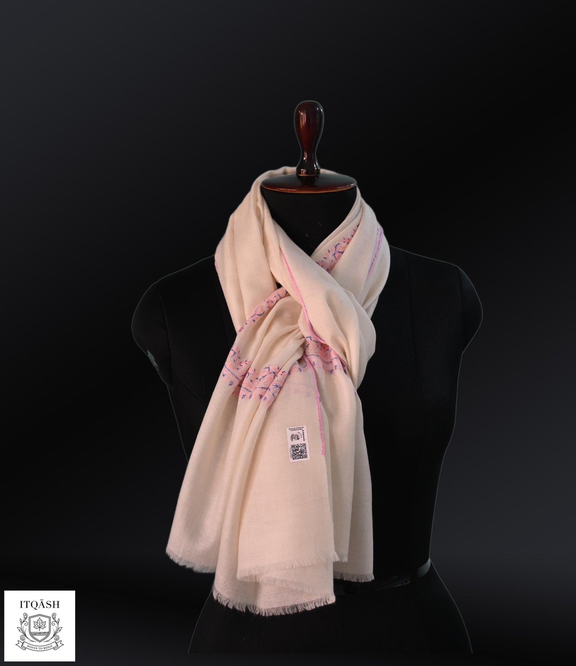 GI-Certified Sozni Hashi Stole · Ivory & Pink | Pure Kashmiri Pashmina | ITQĀSH