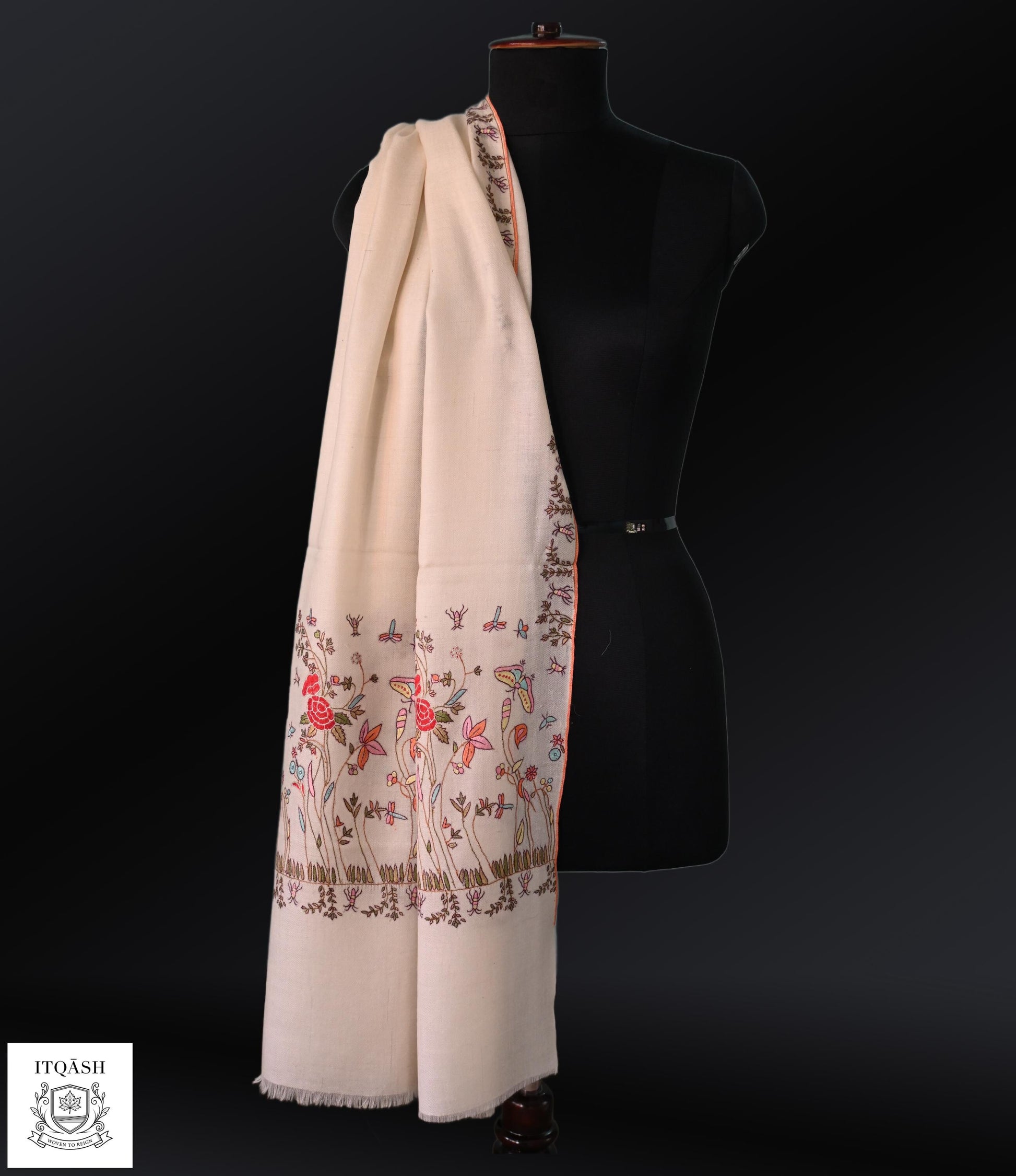 Italian-Design Sozni Shawl · Off-White — detail | Pure Kashmiri Pashmina | ITQĀSH