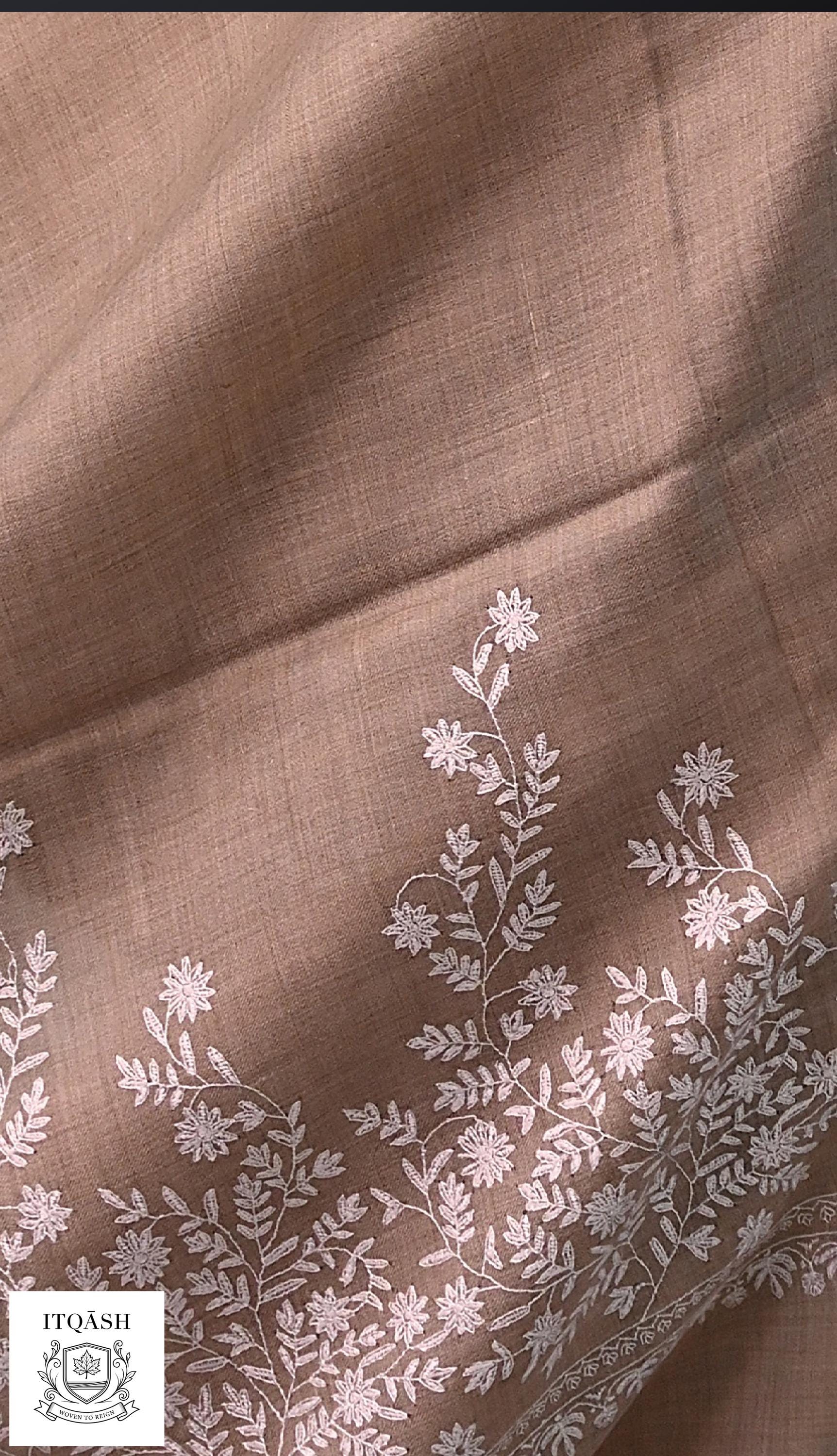 Sozni Palla Stole · Walnut Brown — detail | Pure Kashmiri Pashmina | ITQĀSH