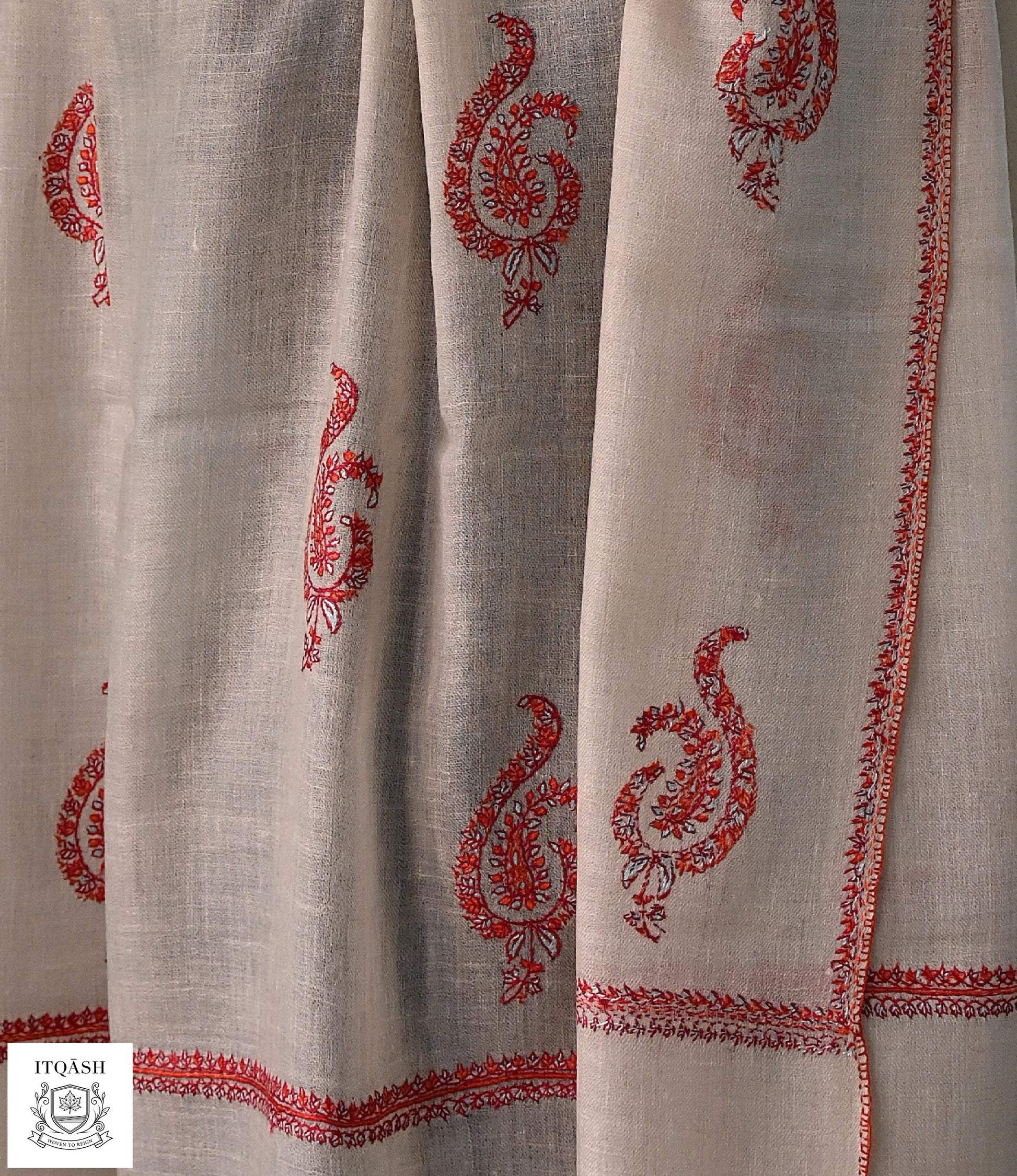 Sozni Bootidaar Stole · Light Grey — detail | Pure Kashmiri Pashmina | ITQĀSH