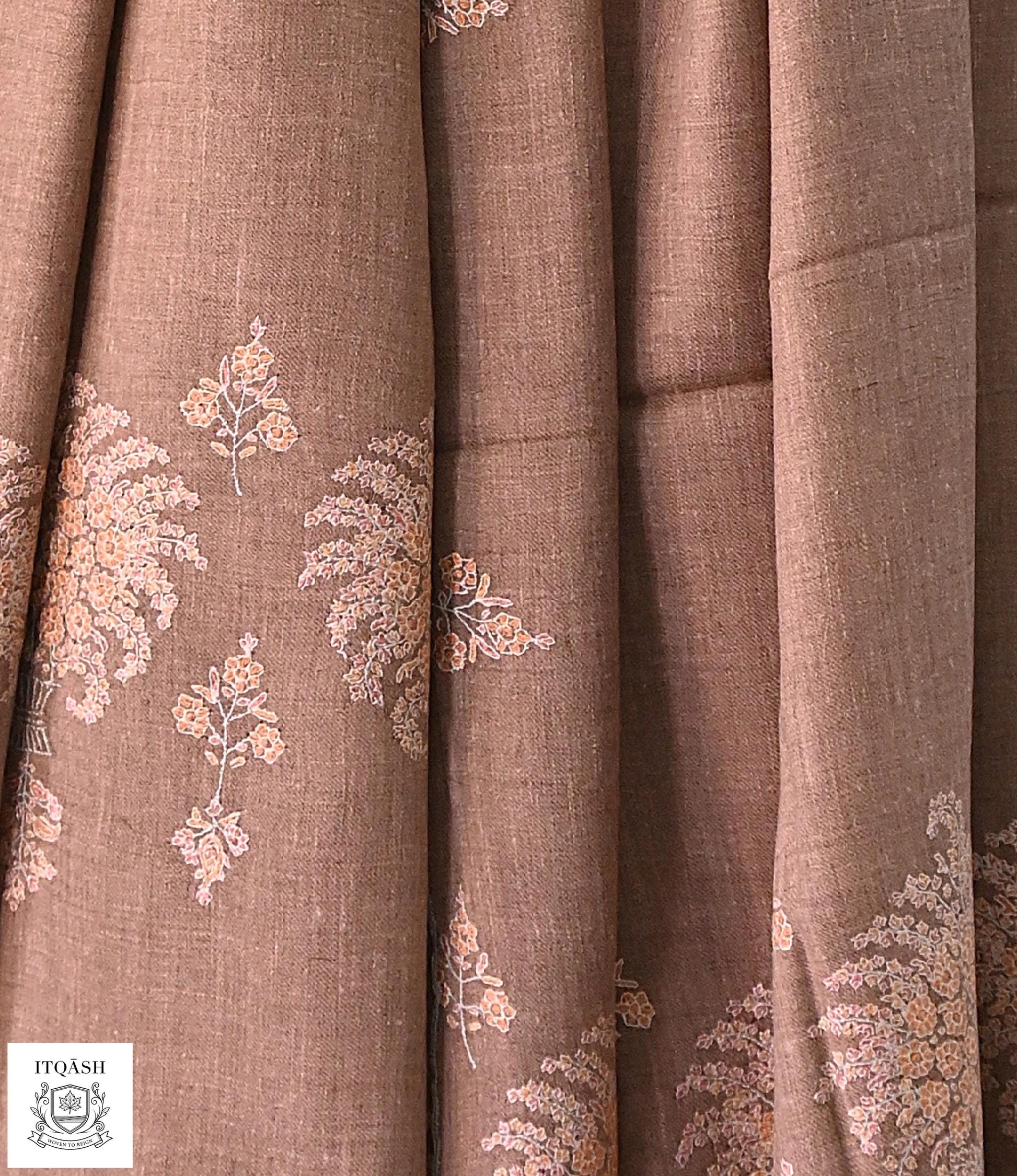 Sozni Palla Shawl · Taupe — detail | Pure Kashmiri Pashmina | ITQĀSH