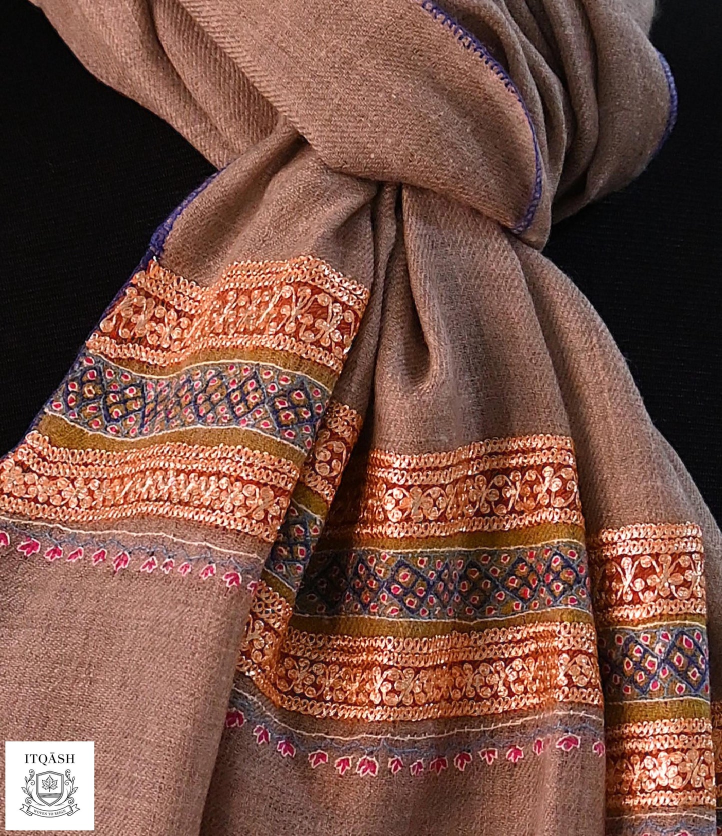Sozni Stole with Tilla — detail | Pure Kashmiri Pashmina | ITQĀSH