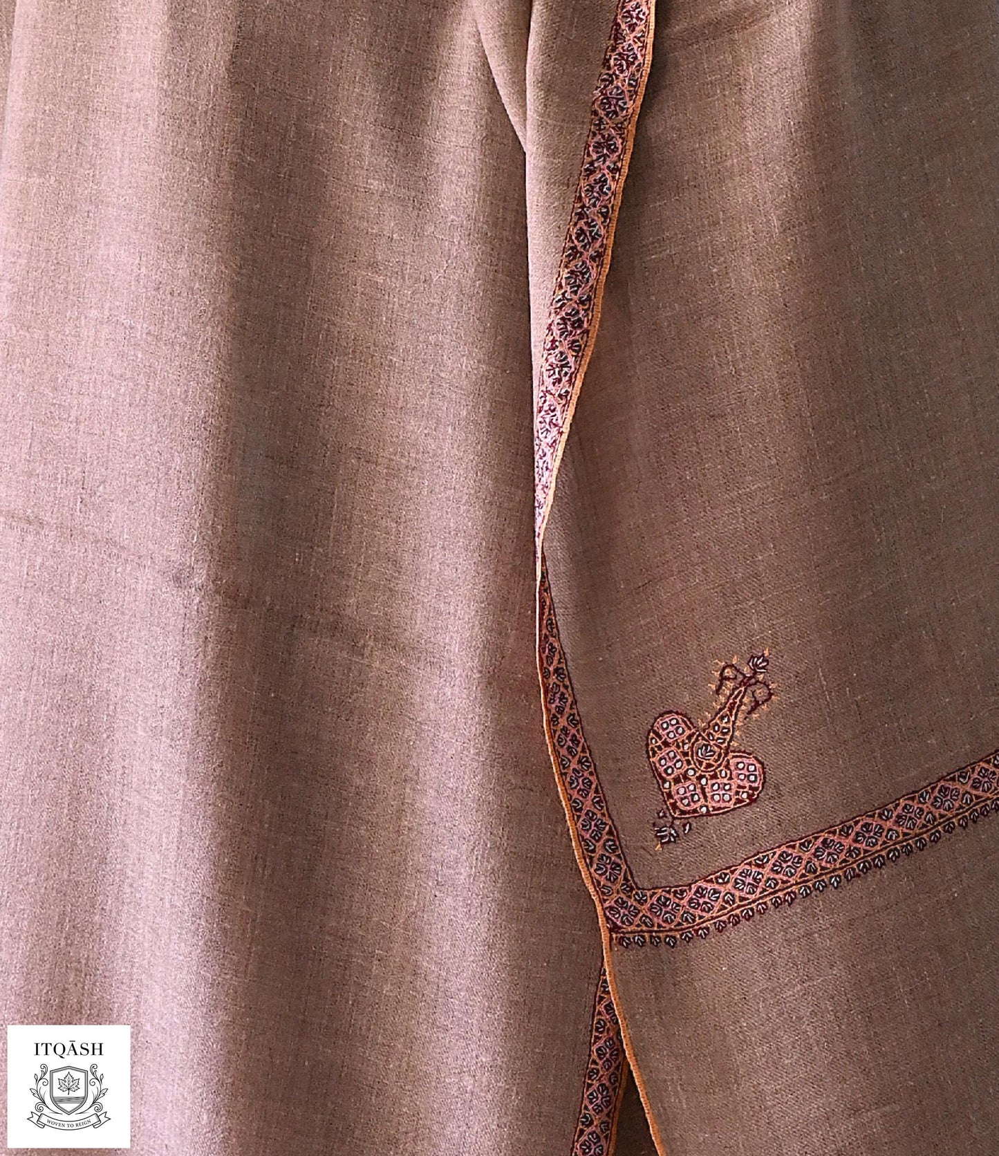Sozni Hashi Daar Shawl · Muted Taupe — detail | Pure Kashmiri Pashmina | ITQĀSH