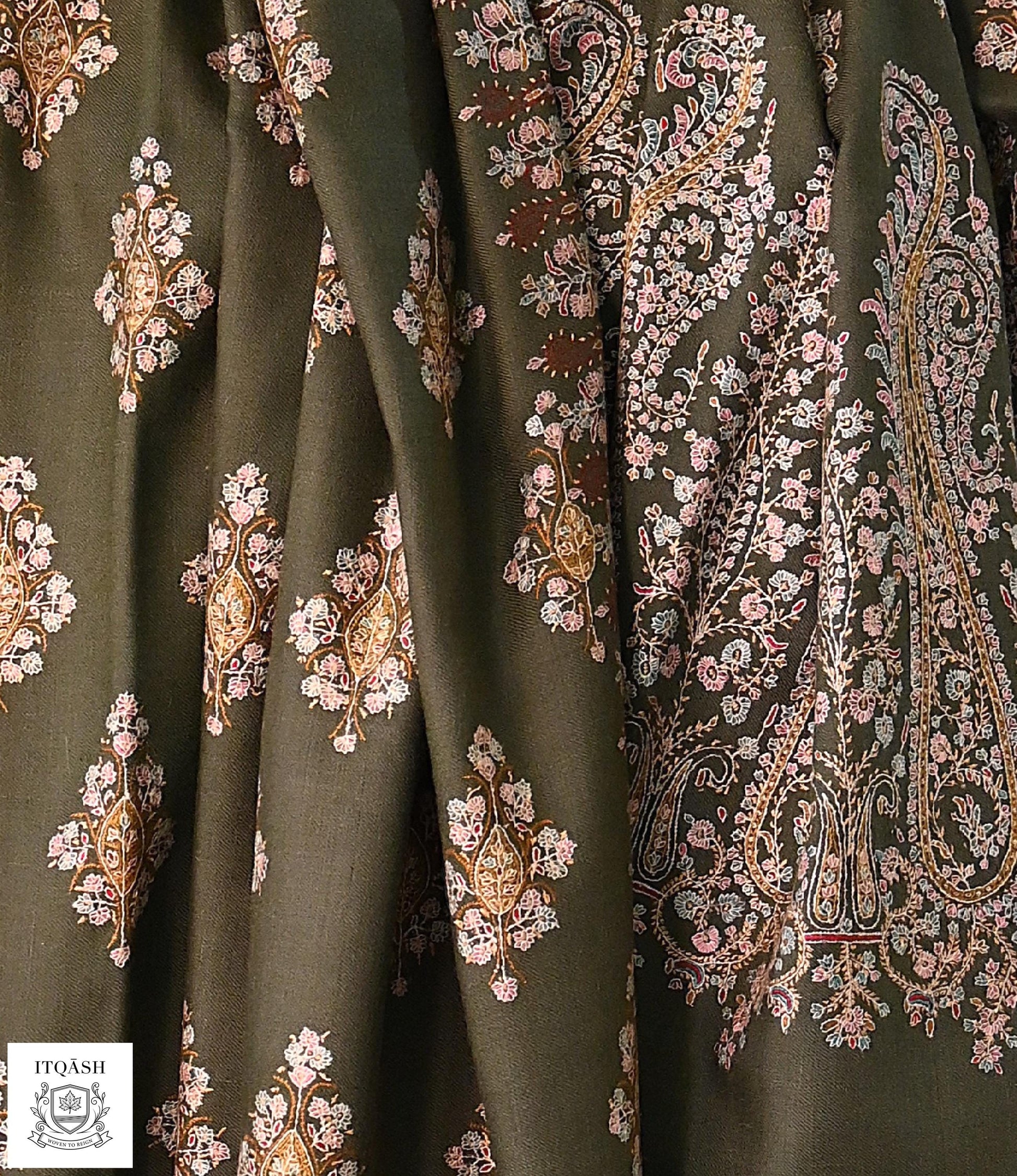 Sozni Palla Bootidaar Shawl · Dark Green — detail | Pure Kashmiri Pashmina | ITQĀSH