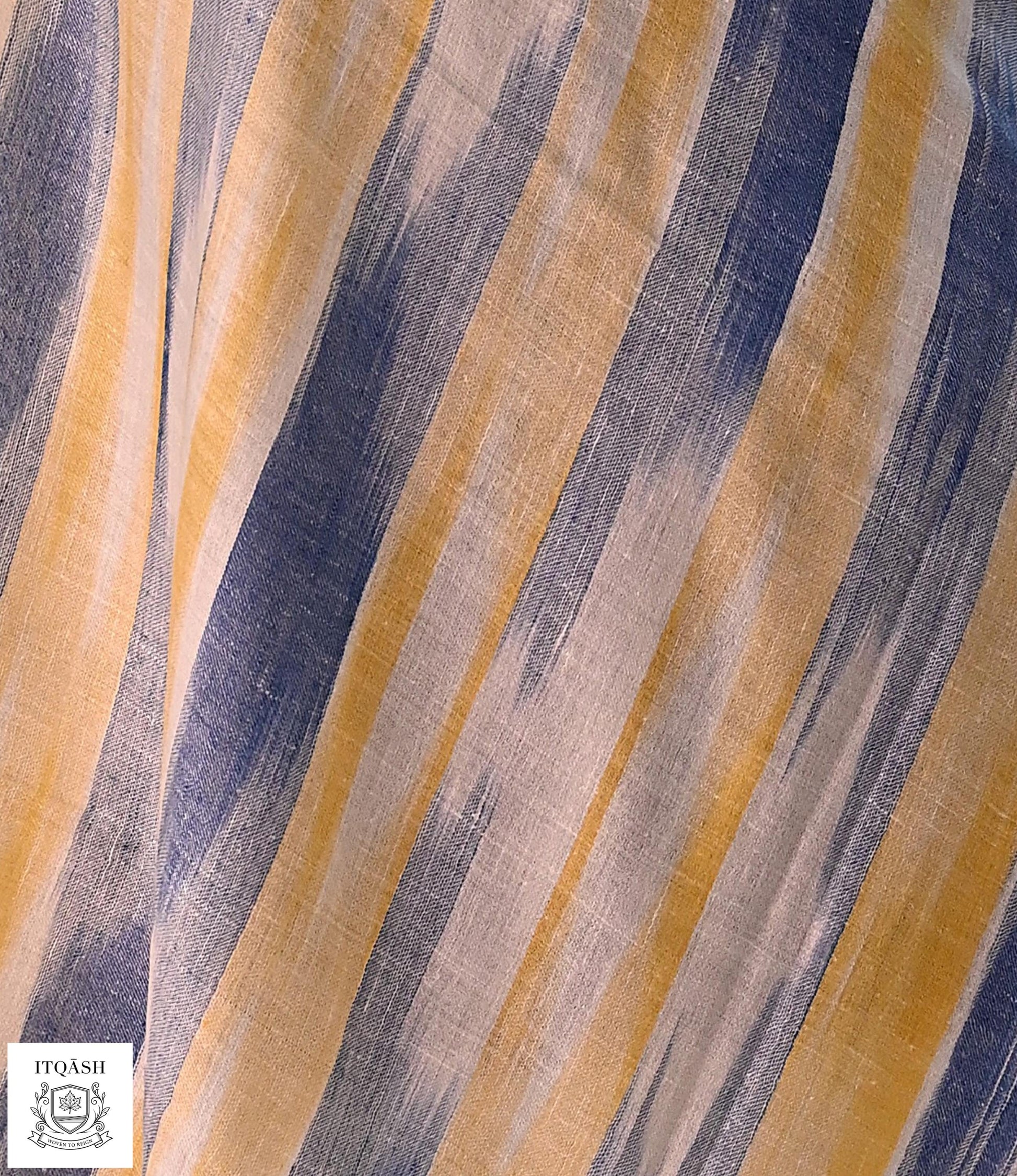 Sozni Ikat Shawl · Mustard & Denim Blue — detail | Pure Kashmiri Pashmina | ITQĀSH
