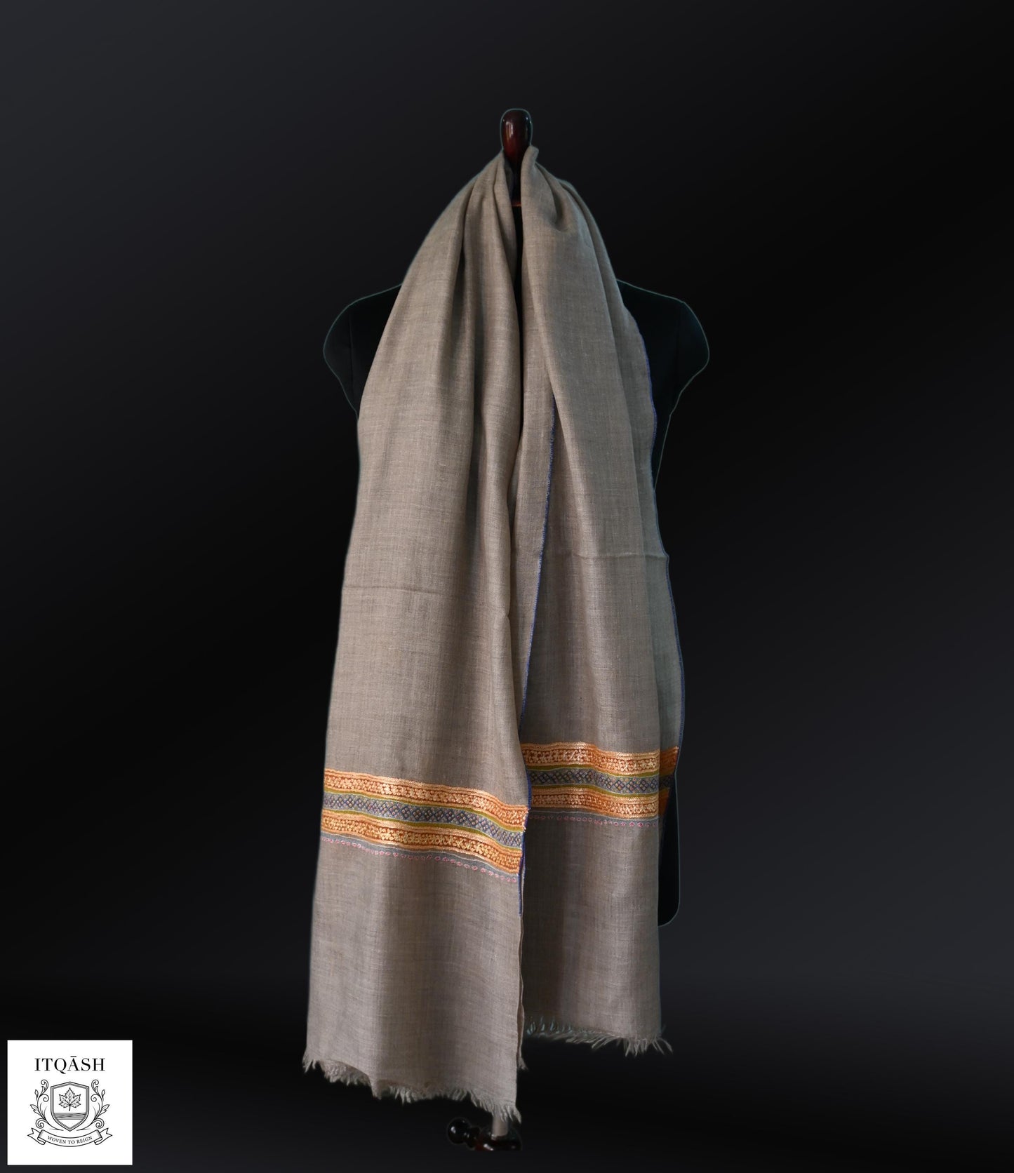 Sozni Palla Stole · Taupe — detail | Pure Kashmiri Pashmina | ITQĀSH