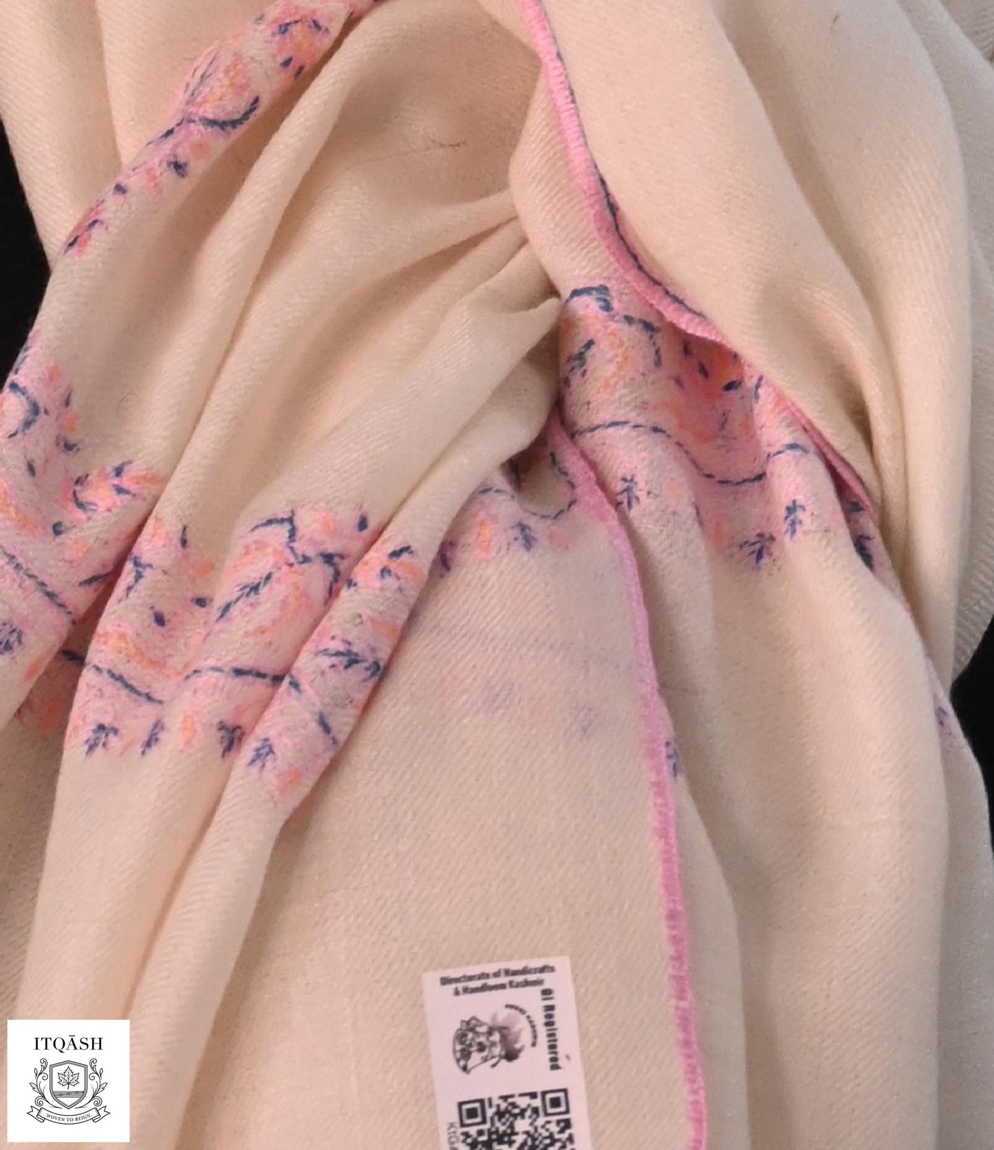GI-Certified Sozni Hashi Stole · Ivory & Pink — detail | Pure Kashmiri Pashmina | ITQĀSH