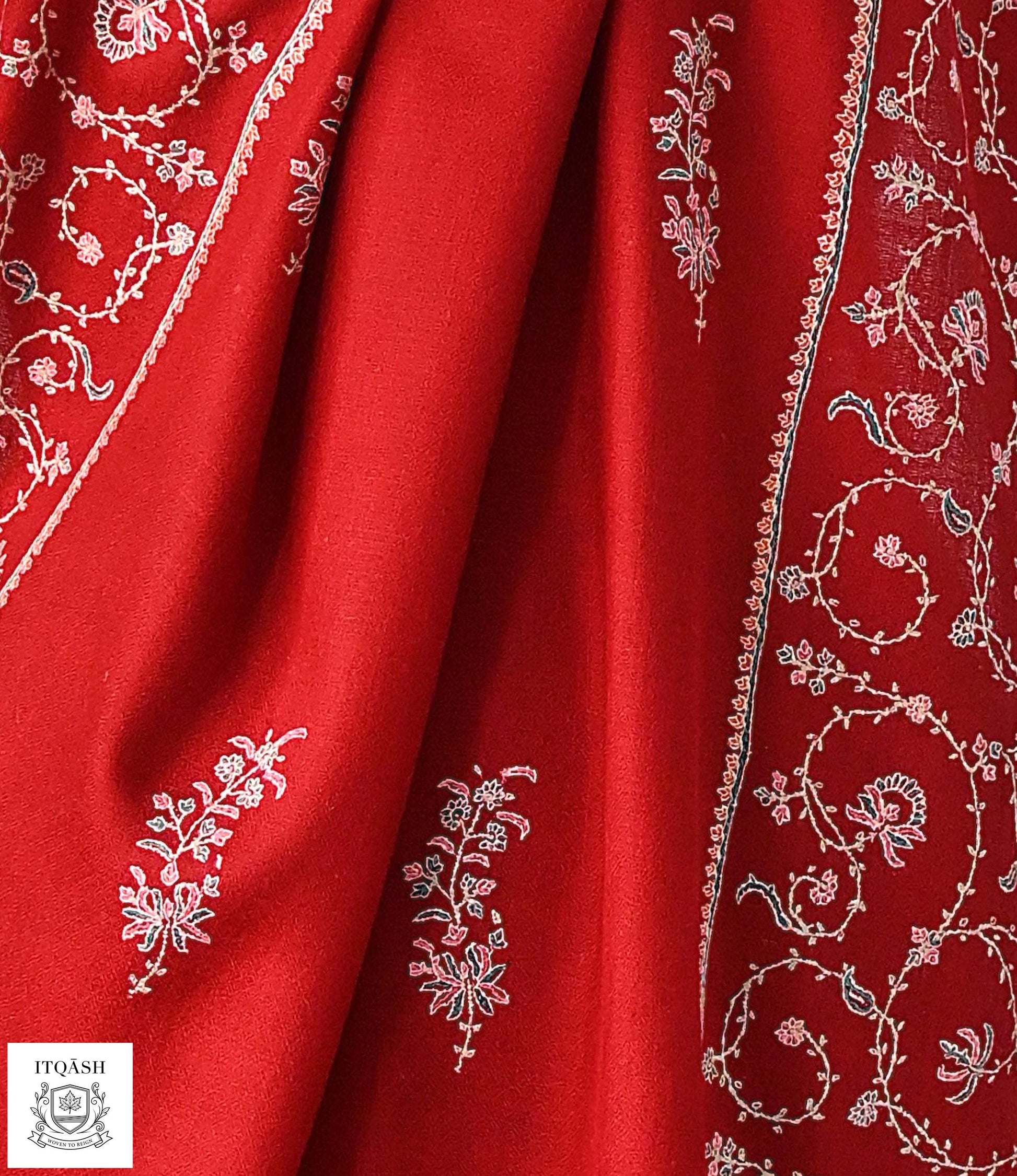 Sozni Stole · Red — detail | Pure Kashmiri Pashmina | ITQĀSH
