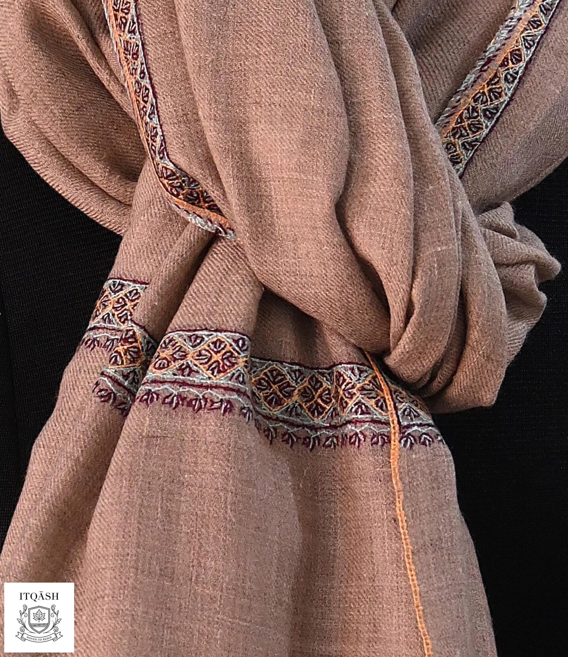 Sozni Hashi Daar Shawl · Light Brown — detail | Pure Kashmiri Pashmina | ITQĀSH