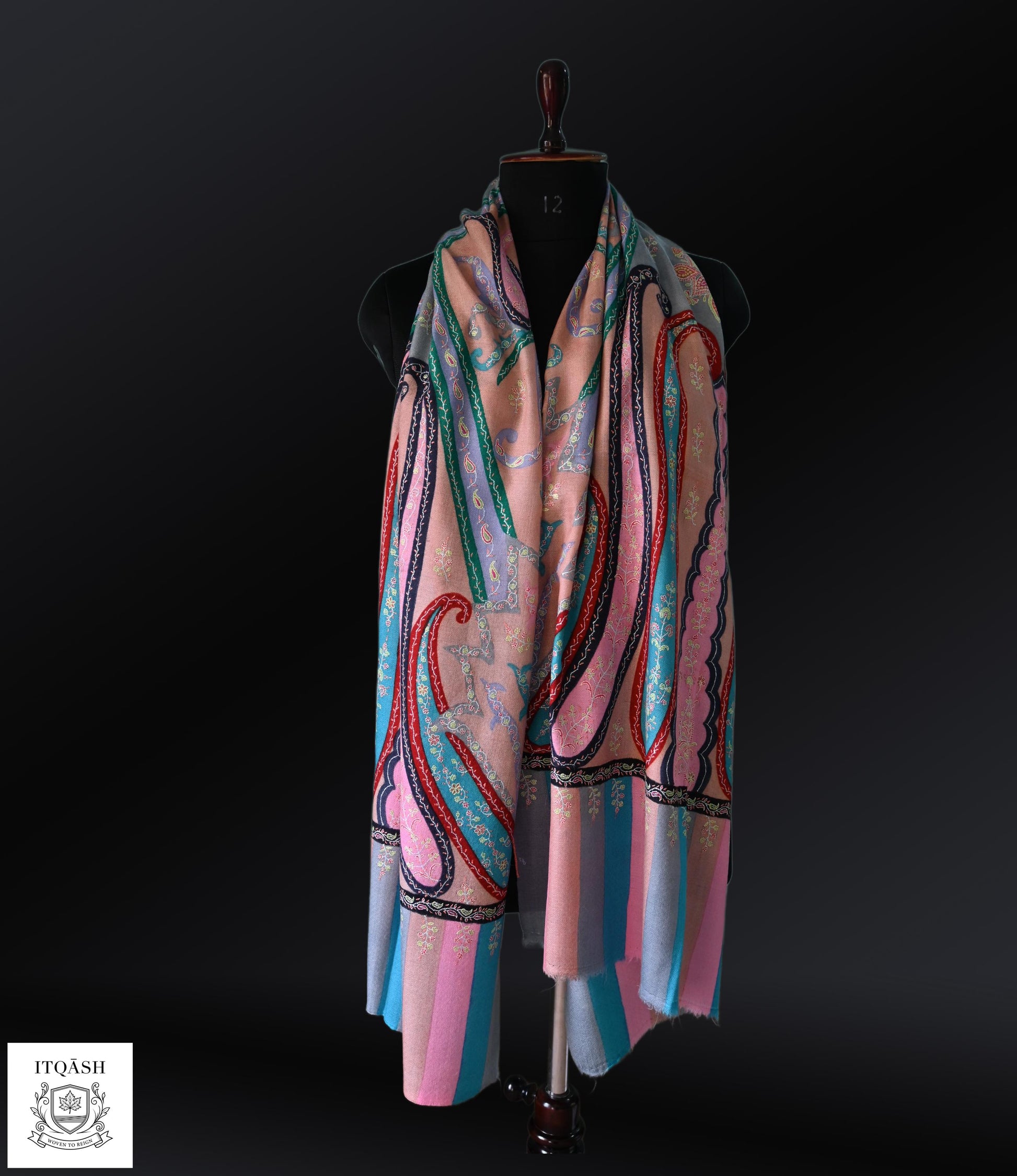 Sozni Stole · Baby Pink & Grey — detail | Pure Kashmiri Pashmina | ITQĀSH