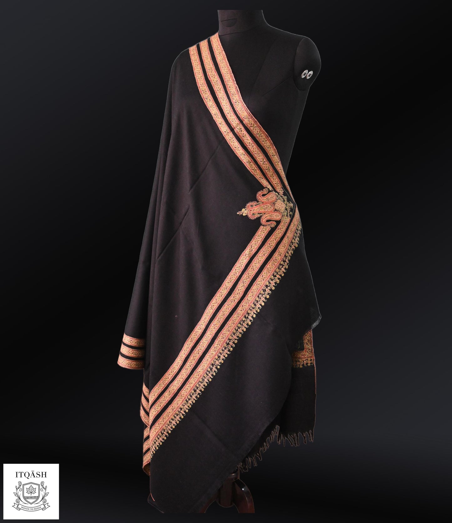 Sozni Dordaar Shawl · Black — detail | Pure Kashmiri Pashmina | ITQĀSH