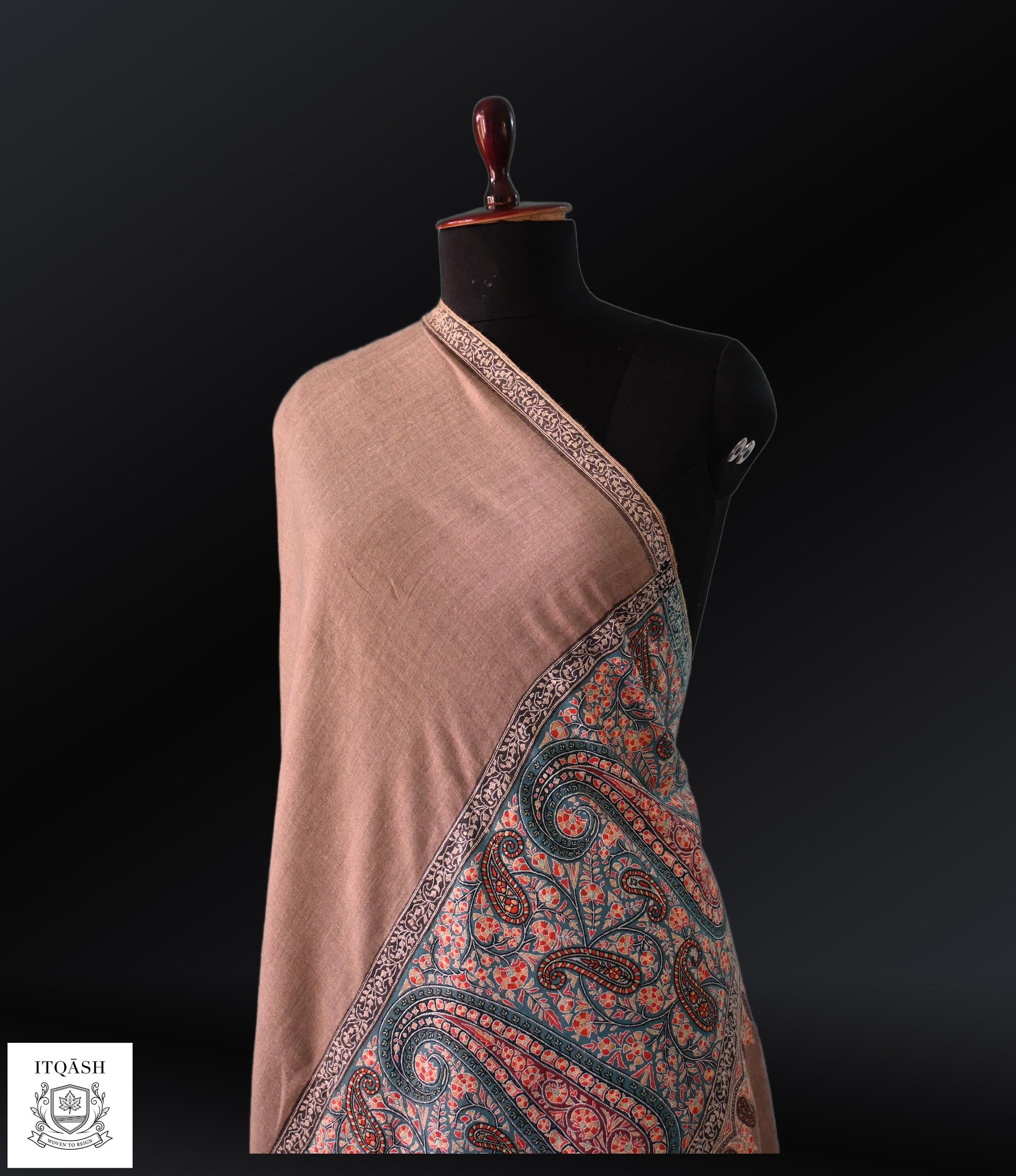 Sozni Palla Daar Shawl · Warm Beige — detail | Pure Kashmiri Pashmina | ITQĀSH